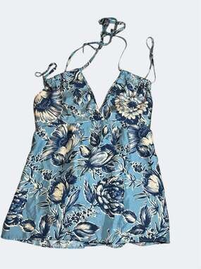 The Limited 100% Silk Blue Floral Halter Neck Double Tie Back Tank Top-M